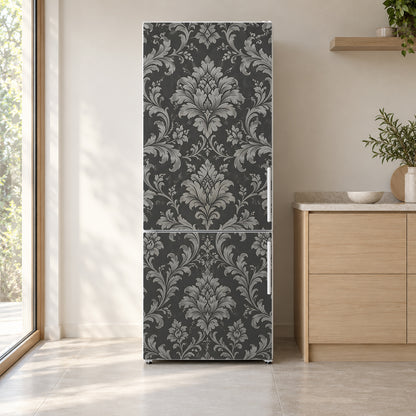 Grey Damask fridge wrap on a white refrigerator in a bright kitchen