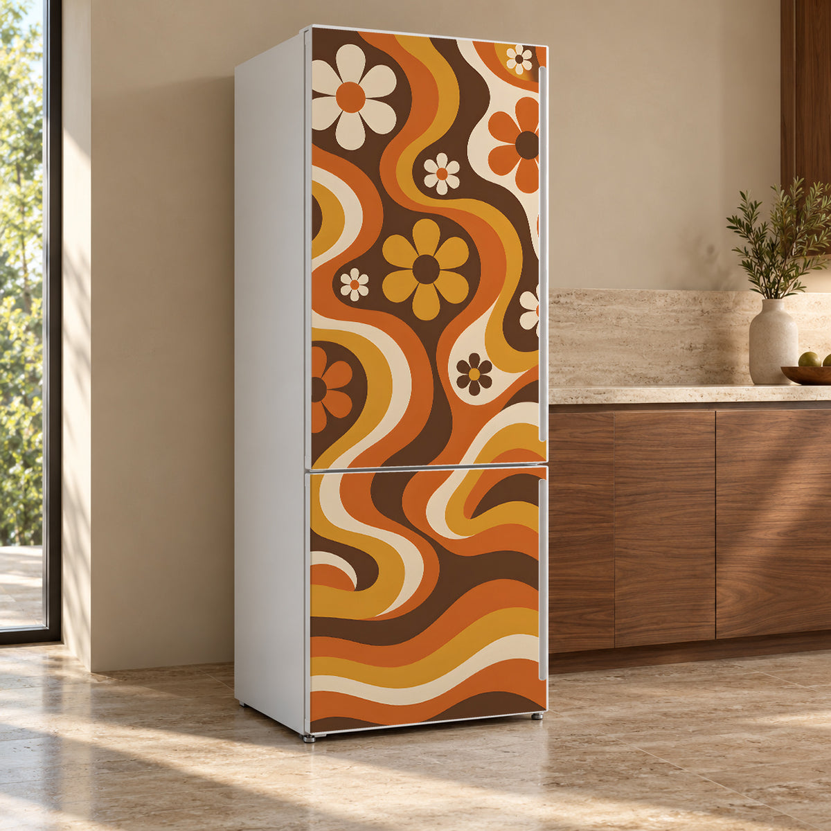 Groovy 70s Flowers fridge wrap, refrigerator shown at an angle