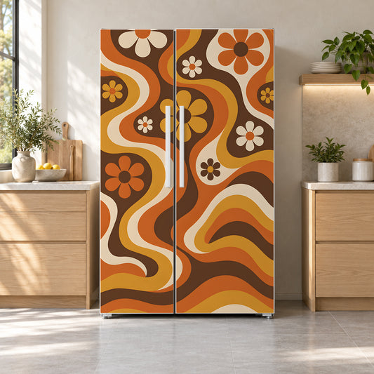 Groovy 70s Flowers fridge wrap on a side-by-side refrigerator