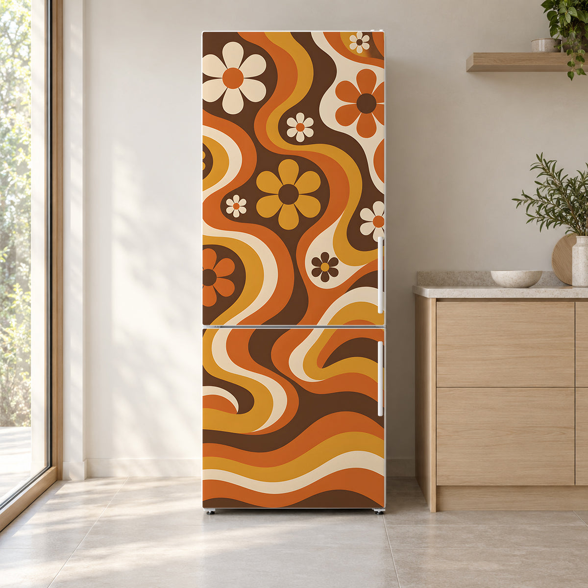 Groovy 70s Flowers fridge wrap on a white refrigerator in a bright kitchen