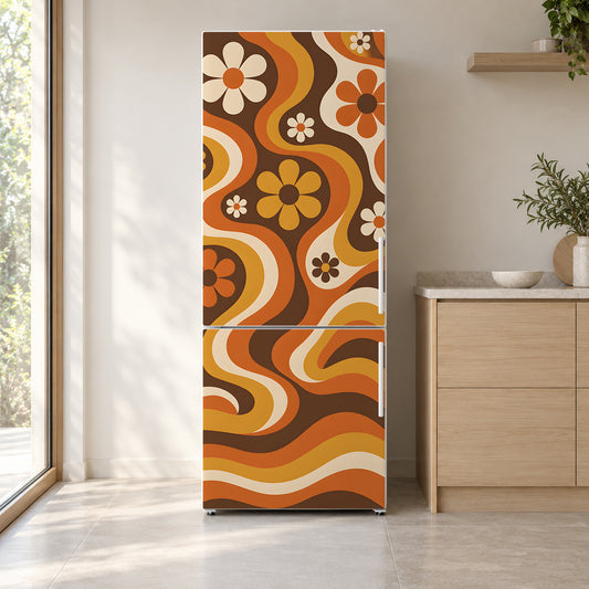 Groovy 70s Flowers fridge wrap on a white refrigerator in a bright kitchen