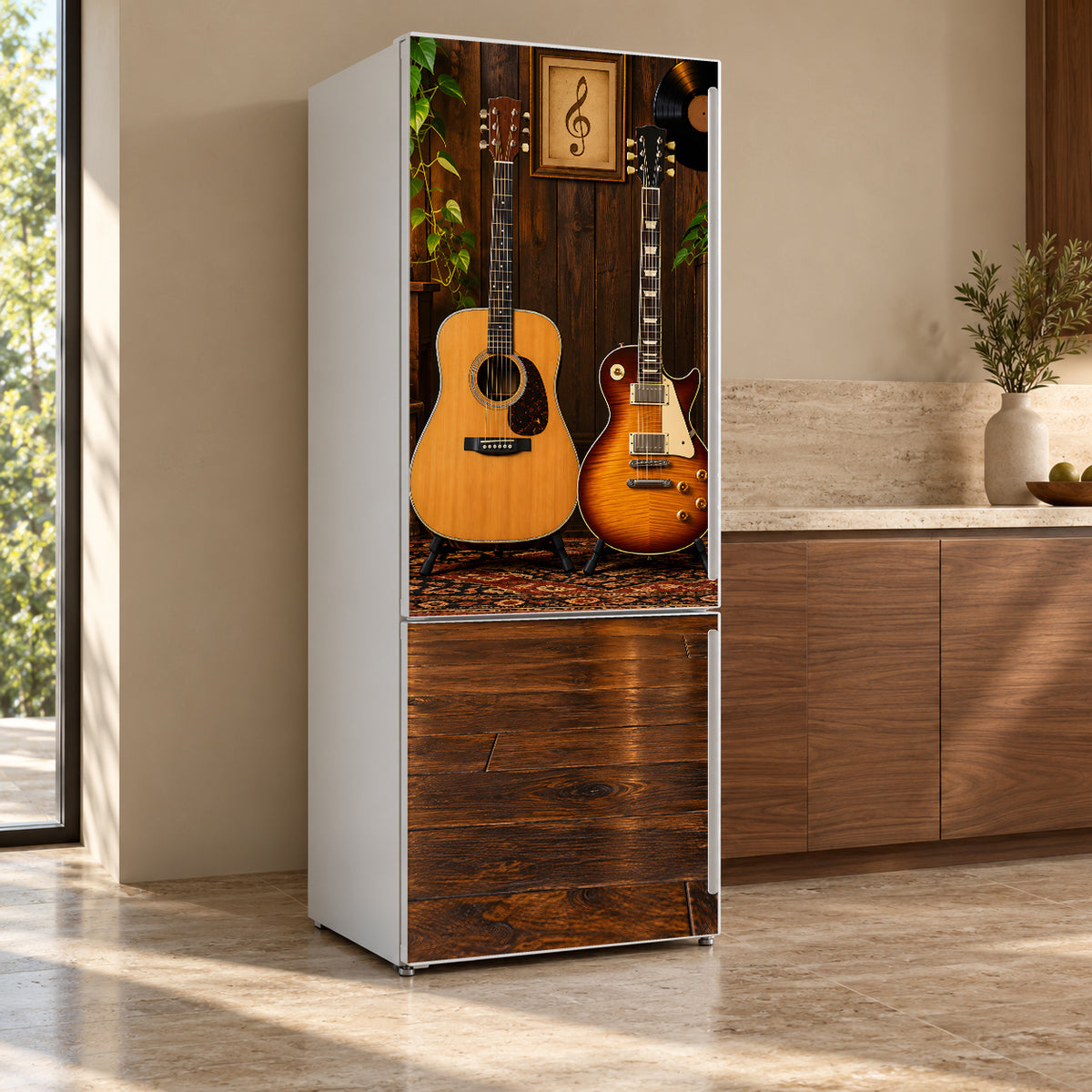 Guitars fridge wrap, refrigerator shown at an angle