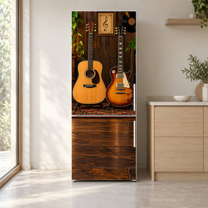 Guitars fridge wrap on a white refrigerator in a bright kitchen