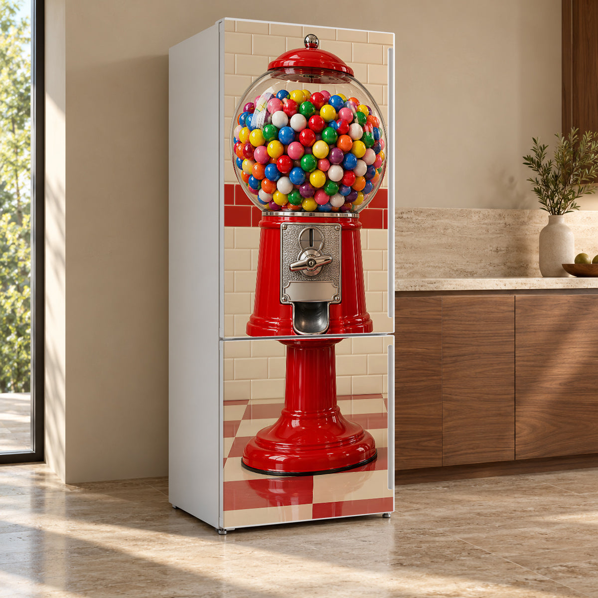 Gumball Machine fridge wrap, refrigerator shown at an angle