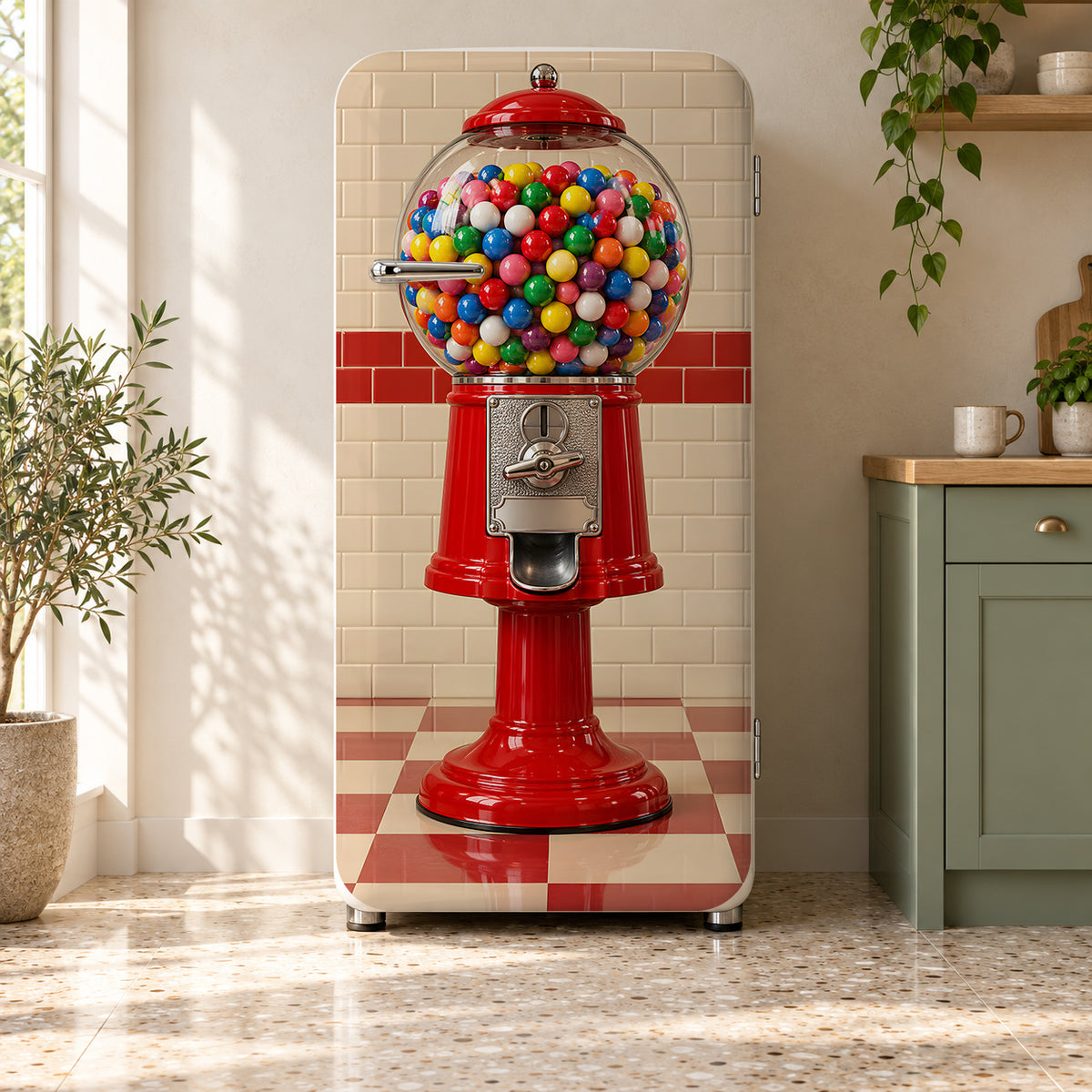 Gumball Machine fridge wrap on a retro refrigerator
