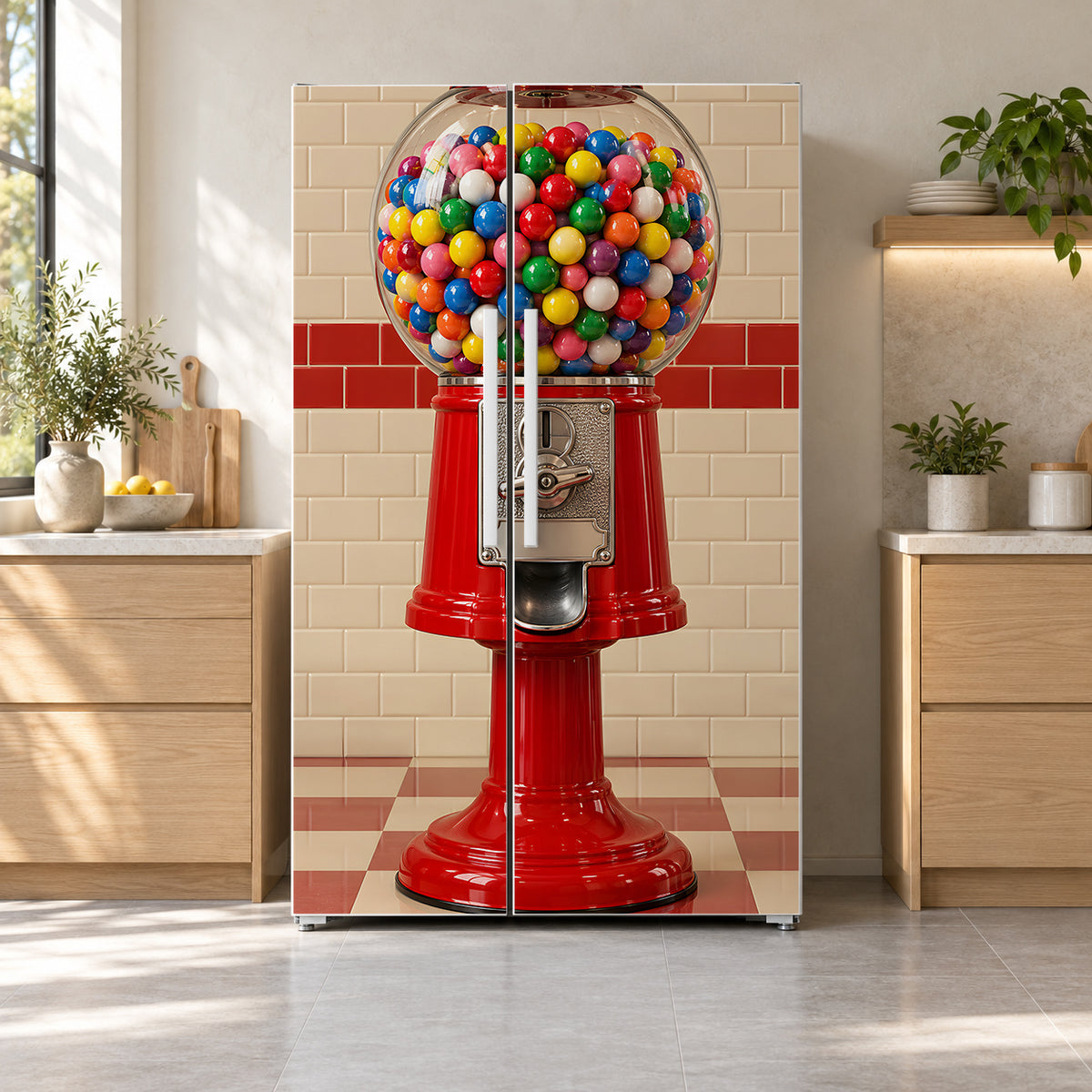 Gumball Machine fridge wrap on a side-by-side refrigerator