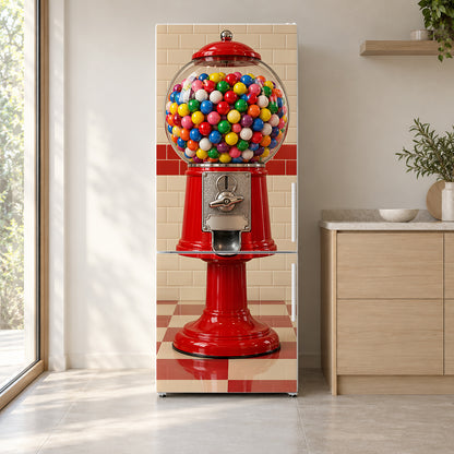 Gumball Machine fridge wrap on a white refrigerator in a bright kitchen