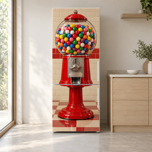 Gumball Machine fridge wrap on a white refrigerator in a bright kitchen