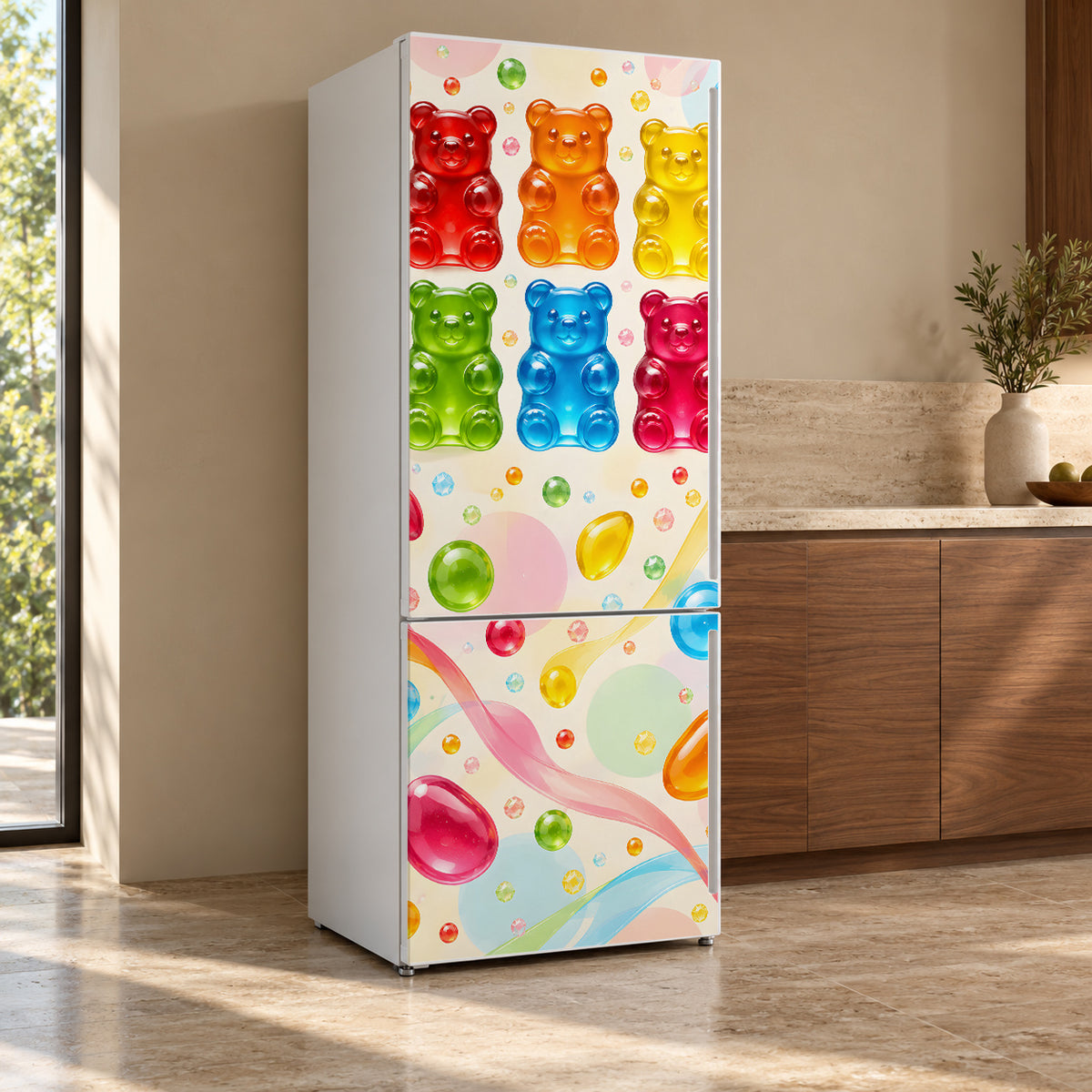 Gummy Bears fridge wrap, refrigerator shown at an angle