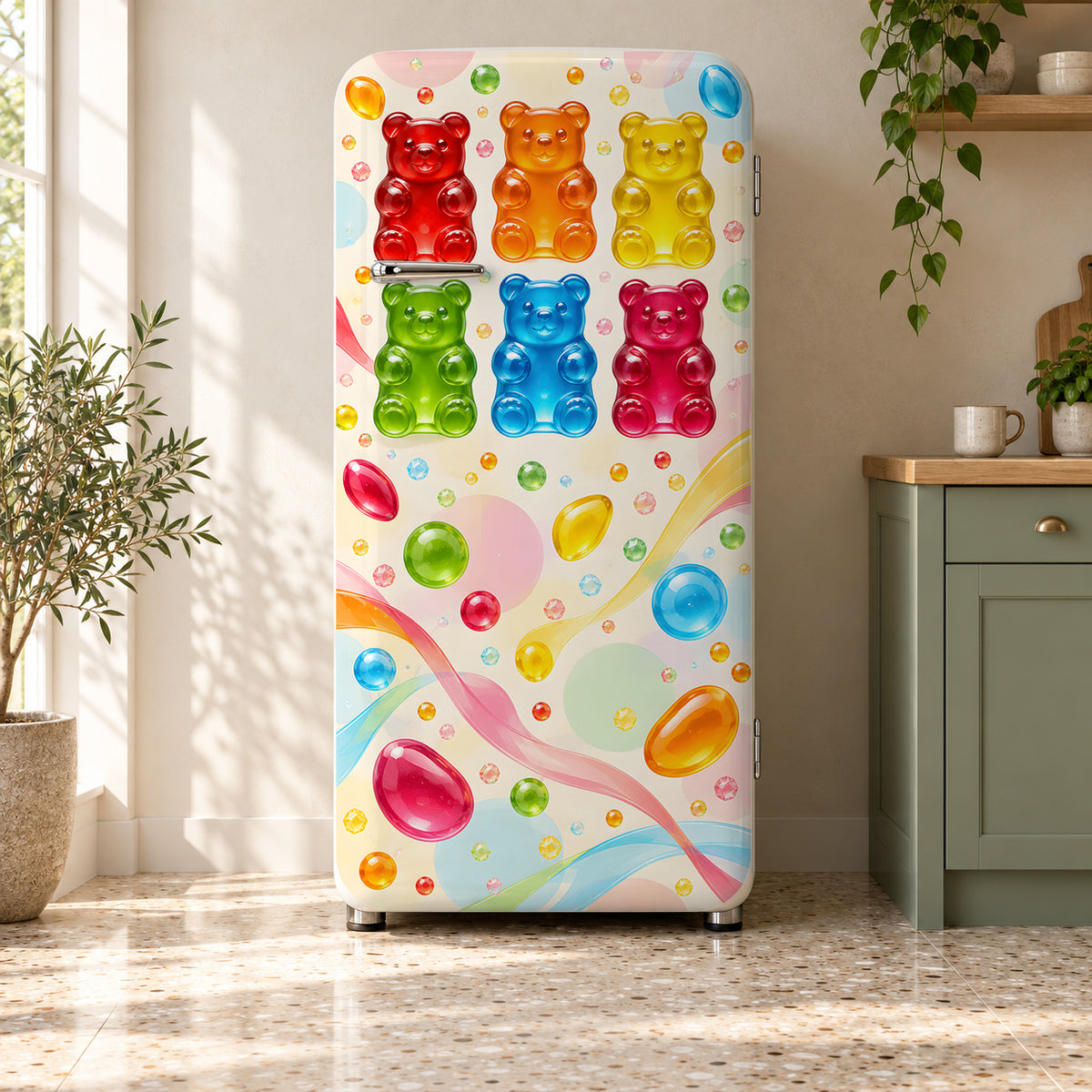 Gummy Bears fridge wrap on a retro refrigerator