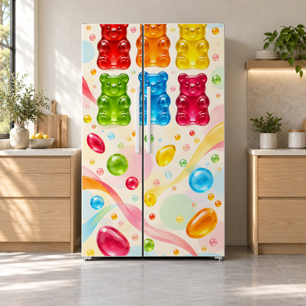 Gummy Bears fridge wrap on a side-by-side refrigerator