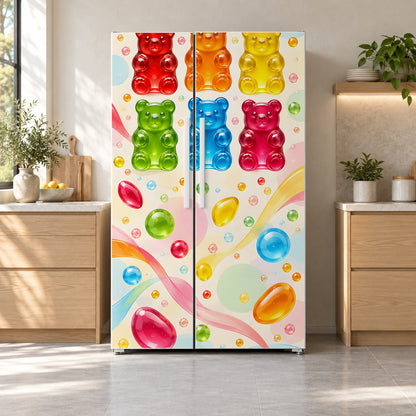 Gummy Bears fridge wrap on a side-by-side refrigerator