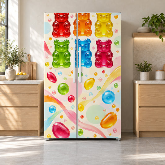 Gummy Bears fridge wrap on a side-by-side refrigerator
