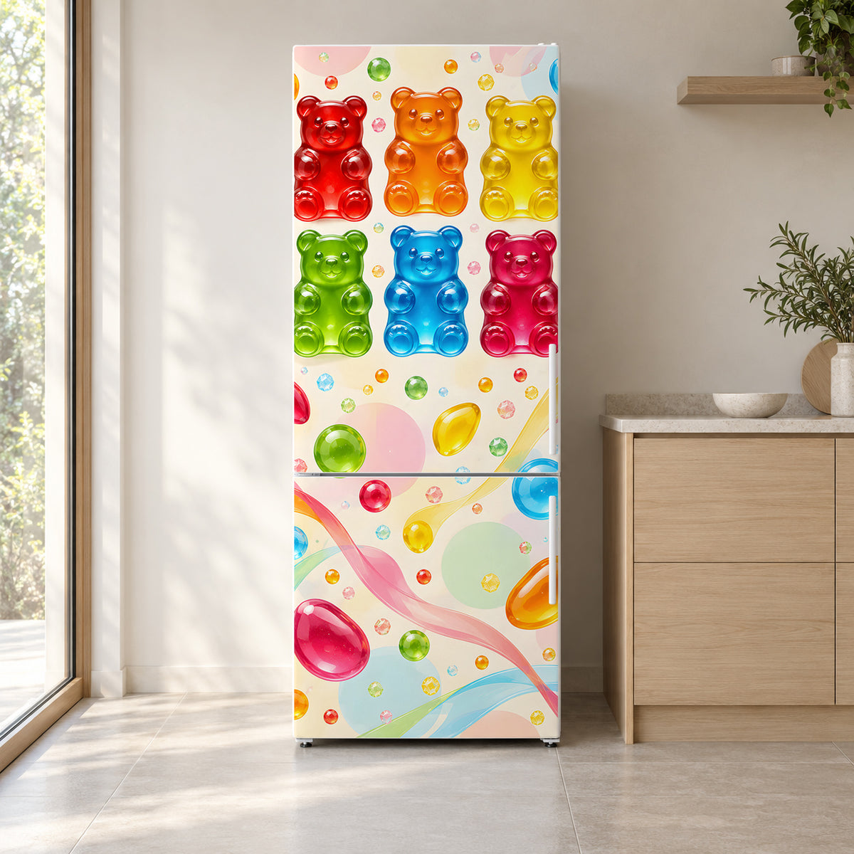 Gummy Bears fridge wrap on a white refrigerator in a bright kitchen