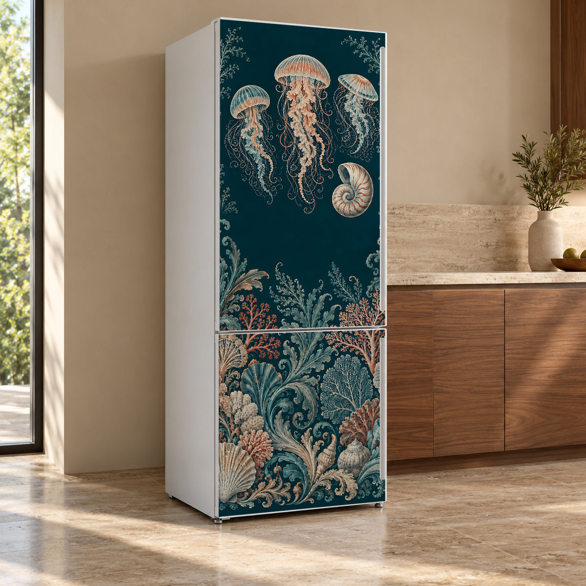 Haeckel-Inspired Sea Creatures fridge wrap, refrigerator shown at an angle