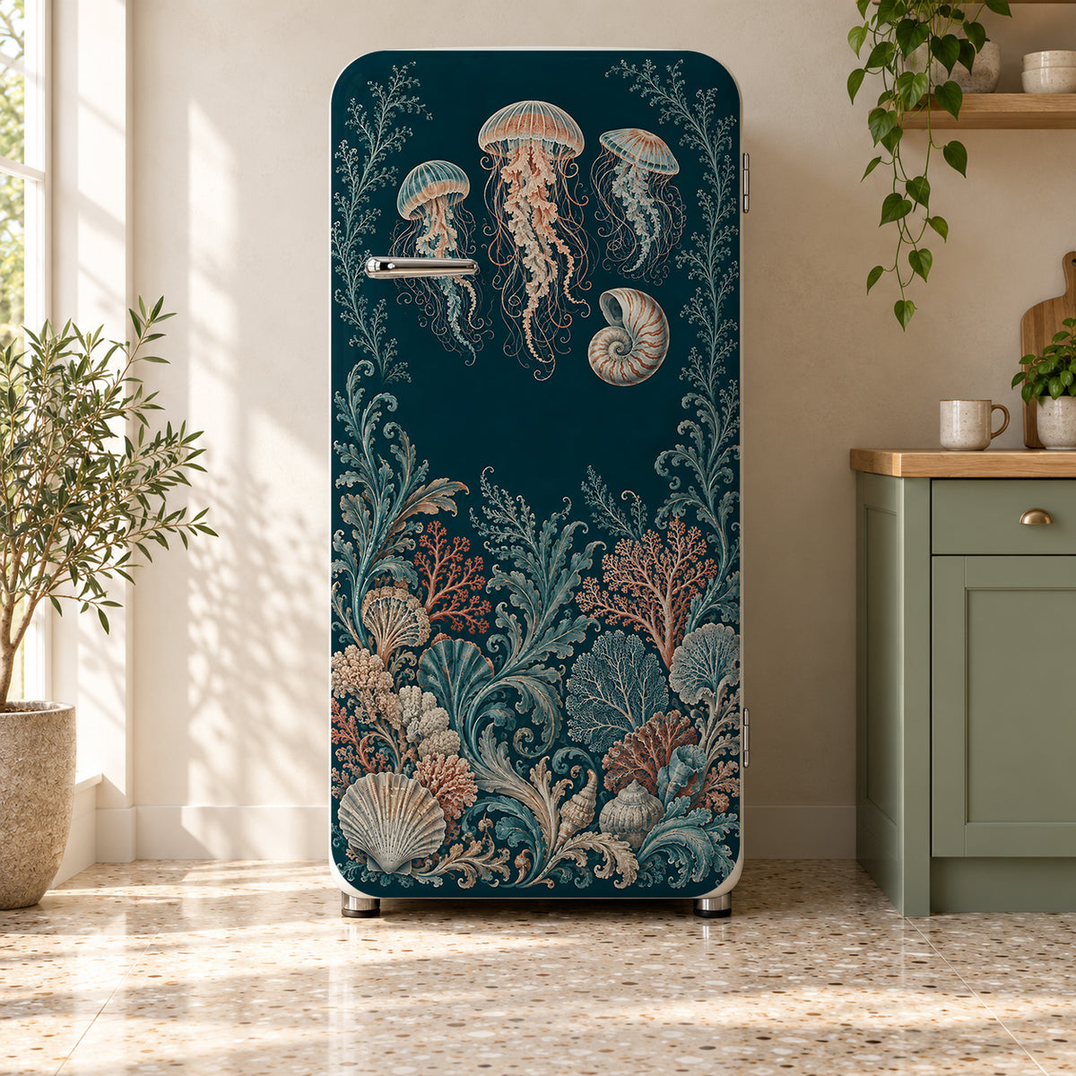Haeckel-Inspired Sea Creatures fridge wrap on a retro refrigerator