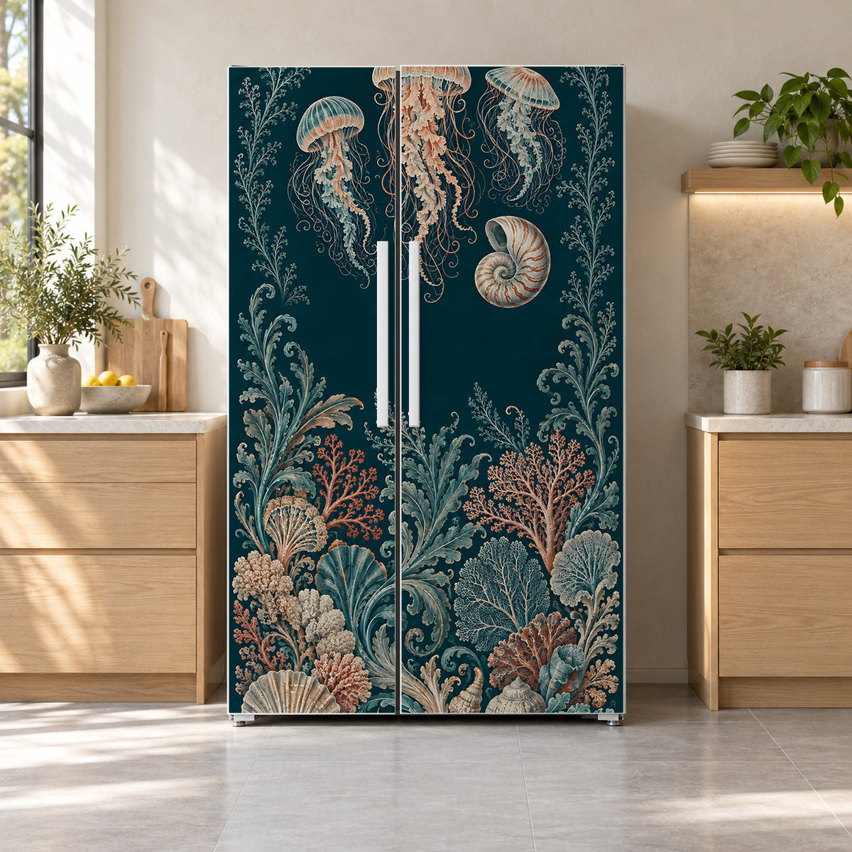 Haeckel-Inspired Sea Creatures fridge wrap on a side-by-side refrigerator