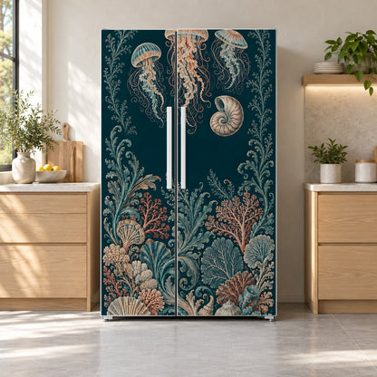 Haeckel-Inspired Sea Creatures fridge wrap on a side-by-side refrigerator