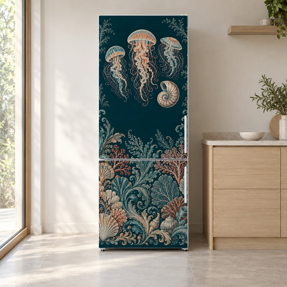 Haeckel-Inspired Sea Creatures fridge wrap on a white refrigerator in a bright kitchen