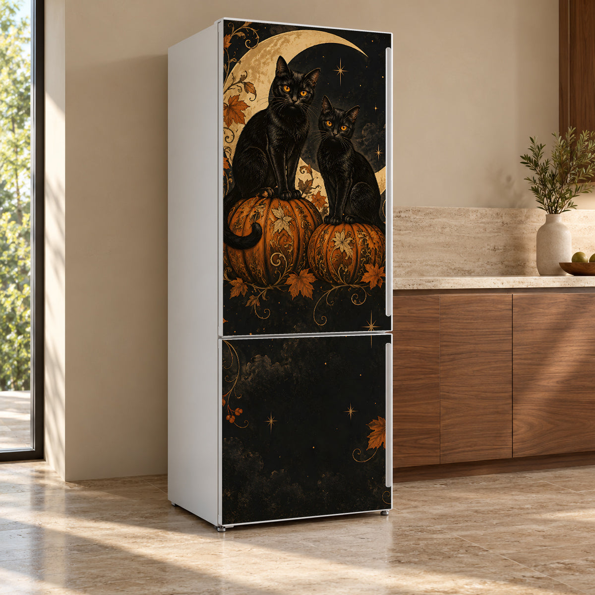 Halloween Black Cats fridge wrap, refrigerator shown at an angle