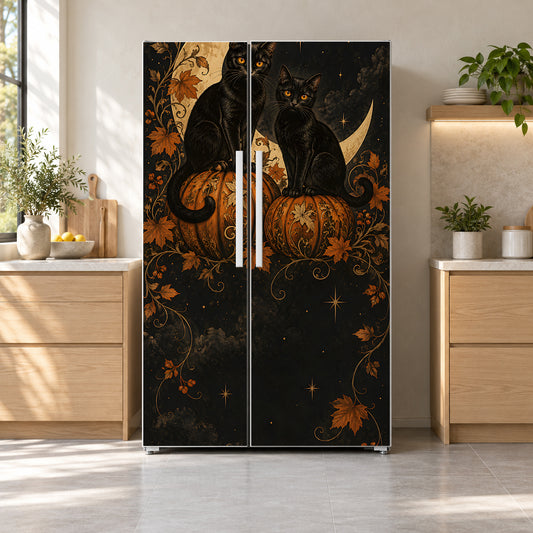 Halloween Black Cats fridge wrap on a side-by-side refrigerator