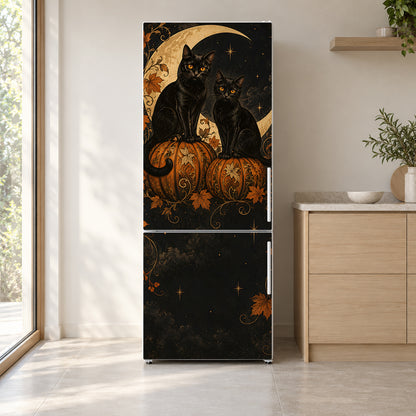 Halloween Black Cats fridge wrap on a white refrigerator in a bright kitchen
