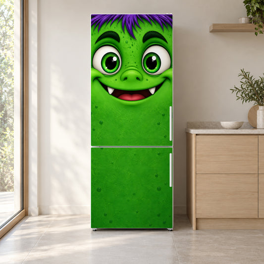 Halloween Monster fridge wrap on a white refrigerator in a bright kitchen