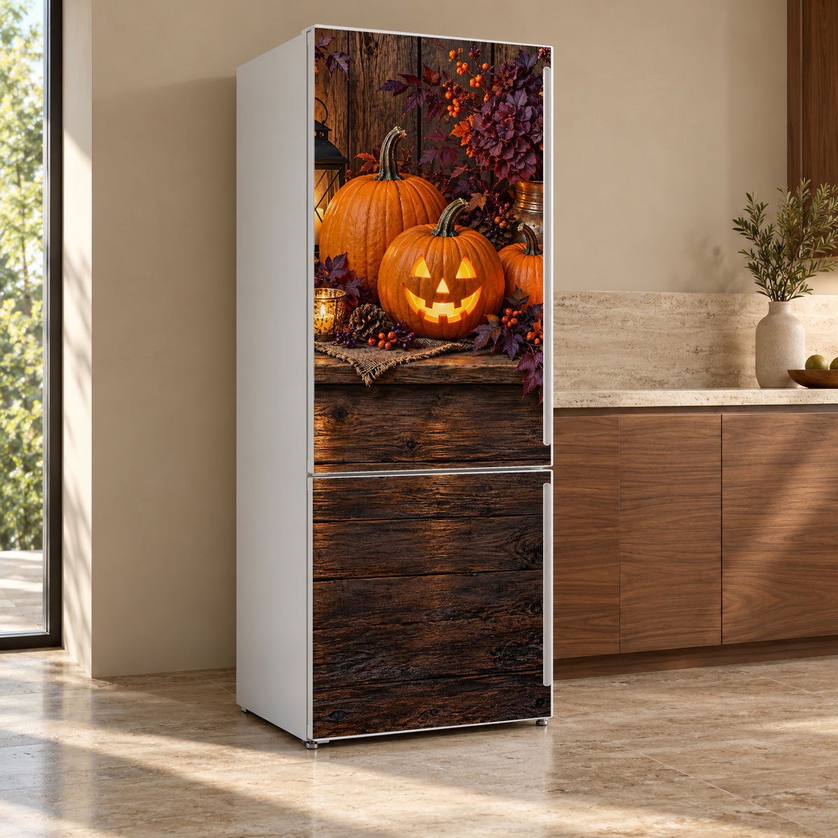 Halloween Pumpkins fridge wrap, refrigerator shown at an angle