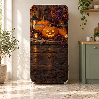 Halloween Pumpkins fridge wrap on a retro refrigerator