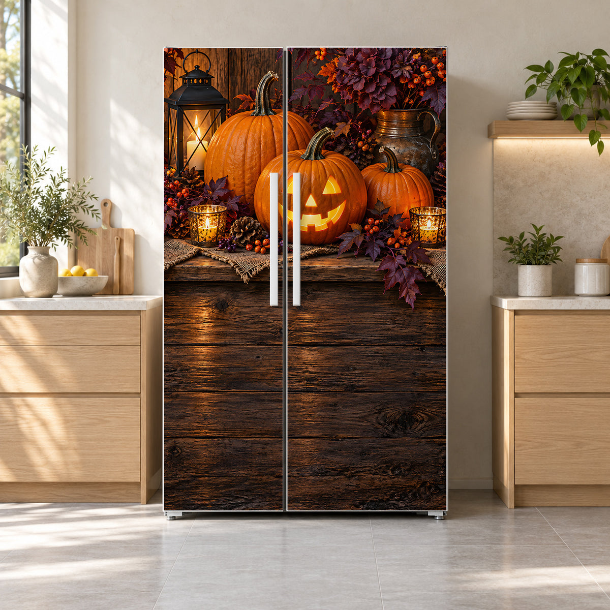 Halloween Pumpkins fridge wrap on a side-by-side refrigerator