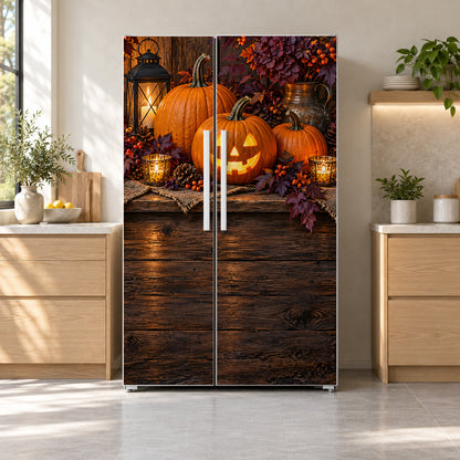 Halloween Pumpkins fridge wrap on a side-by-side refrigerator