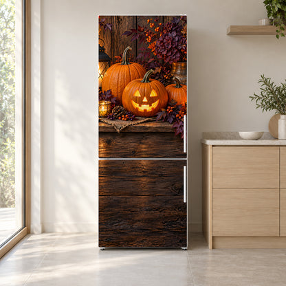 Halloween Pumpkins fridge wrap on a white refrigerator in a bright kitchen