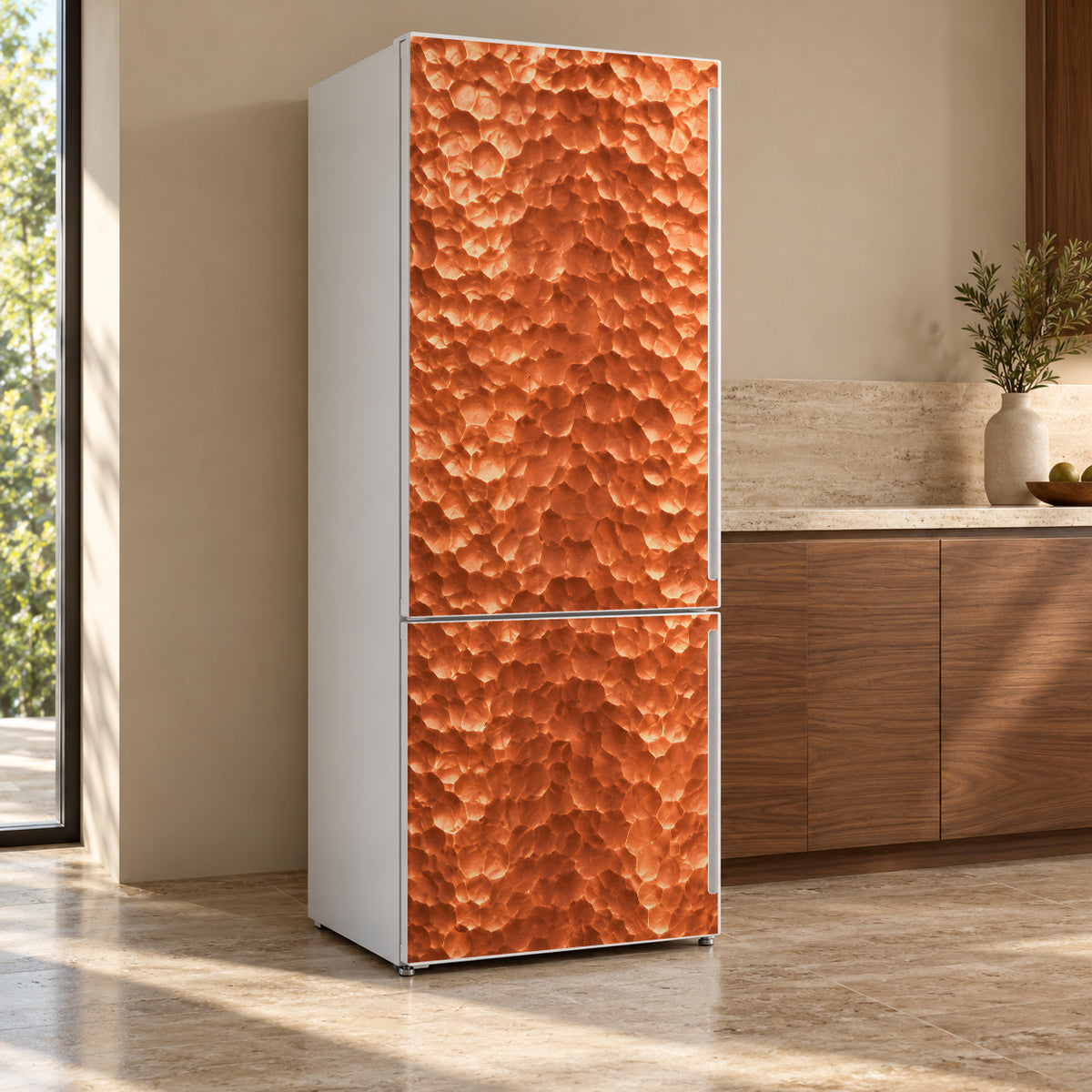 Hammered Copper fridge wrap, refrigerator shown at an angle