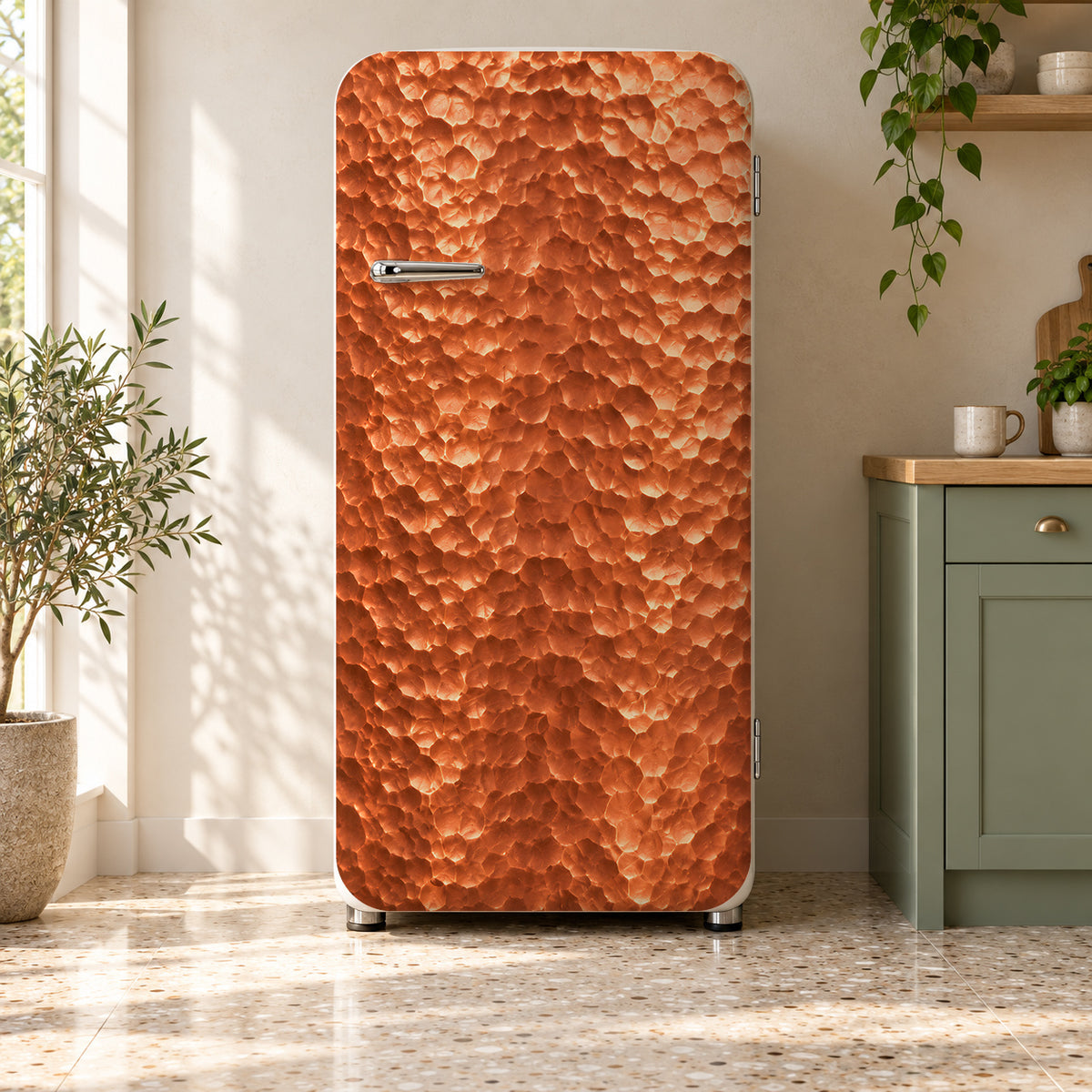 Hammered Copper fridge wrap on a retro refrigerator