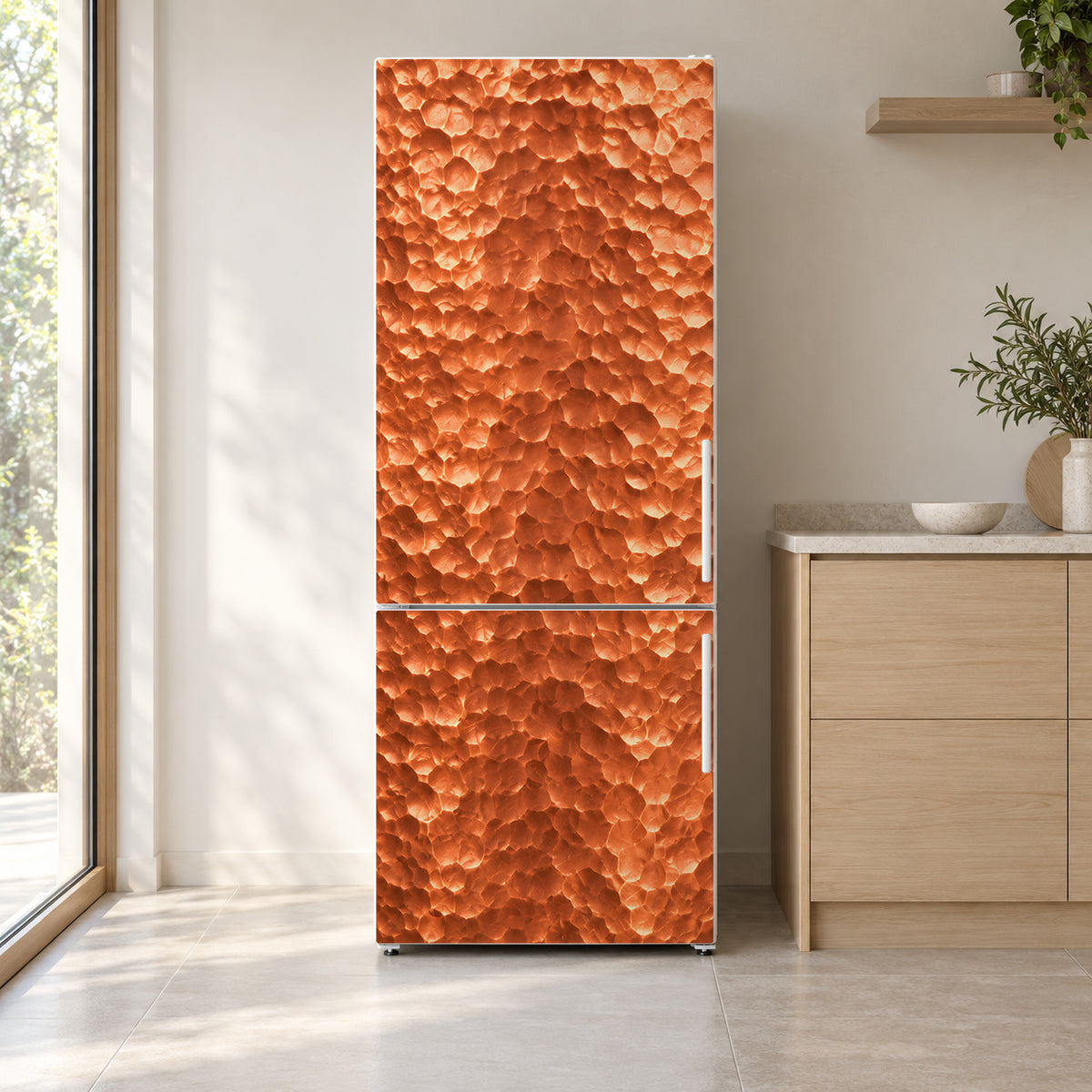 Hammered Copper fridge wrap on a white refrigerator in a bright kitchen