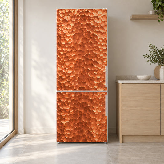 Hammered Copper fridge wrap on a white refrigerator in a bright kitchen