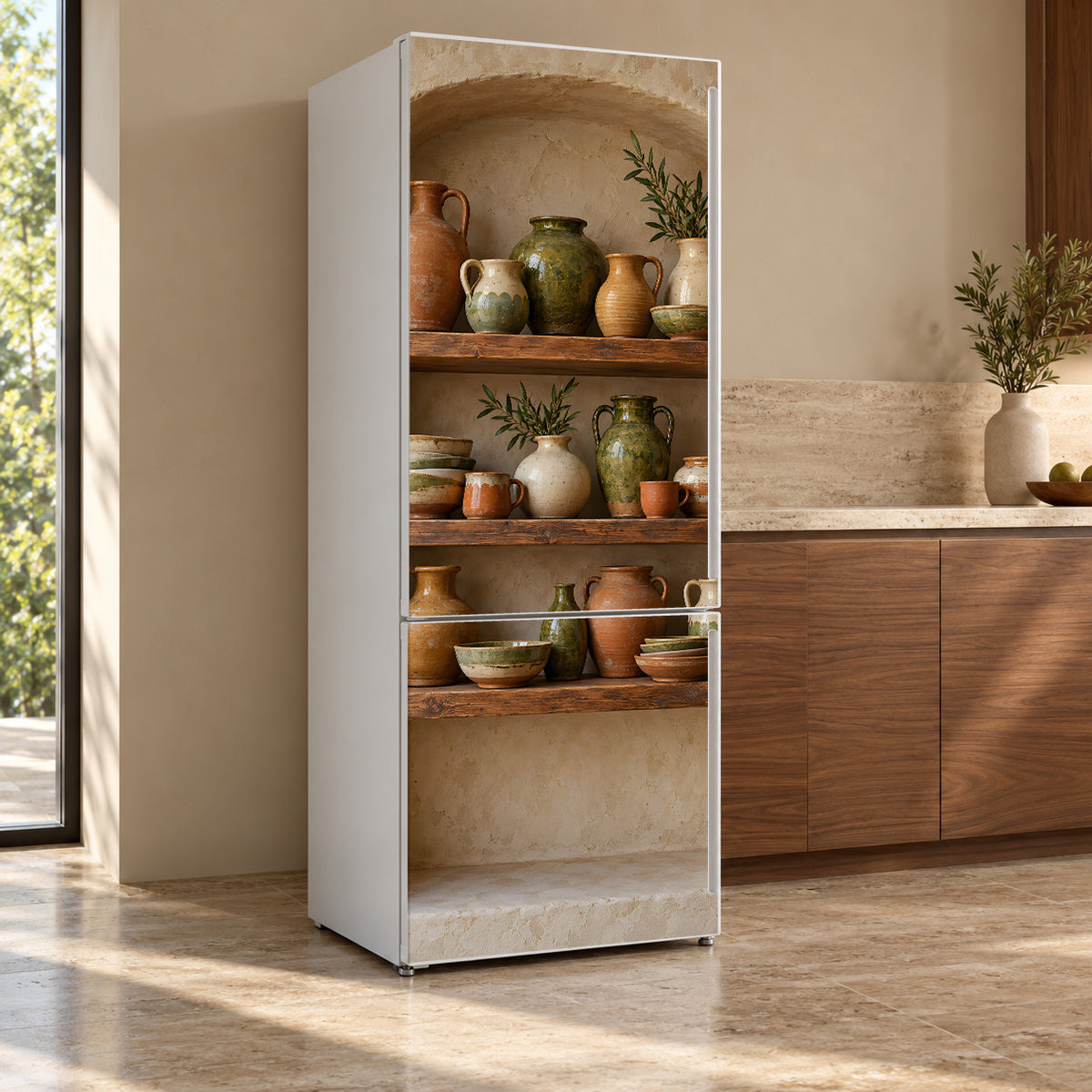 Handmade Pottery Shelves fridge wrap, refrigerator shown at an angle