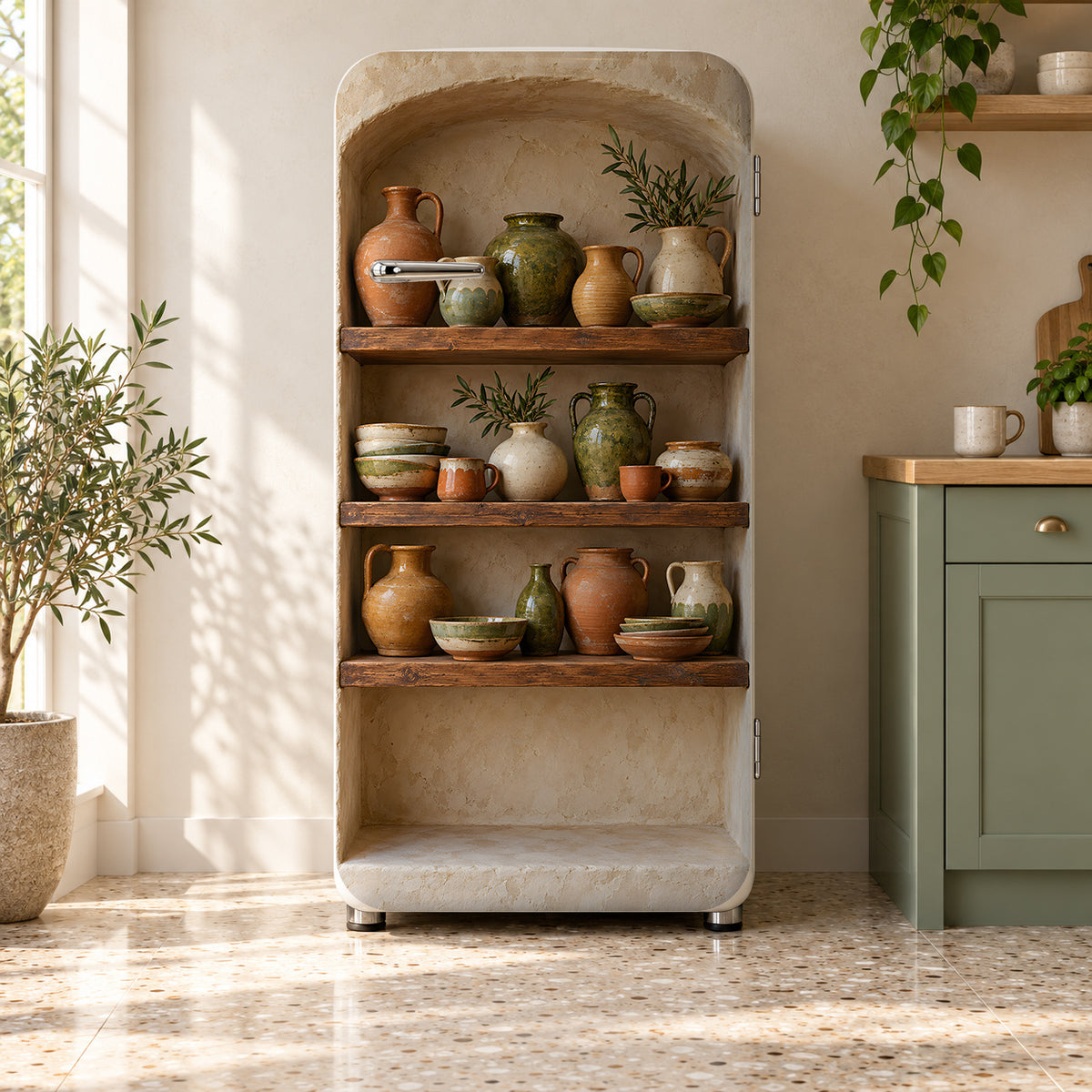 Handmade Pottery Shelves fridge wrap on a retro refrigerator