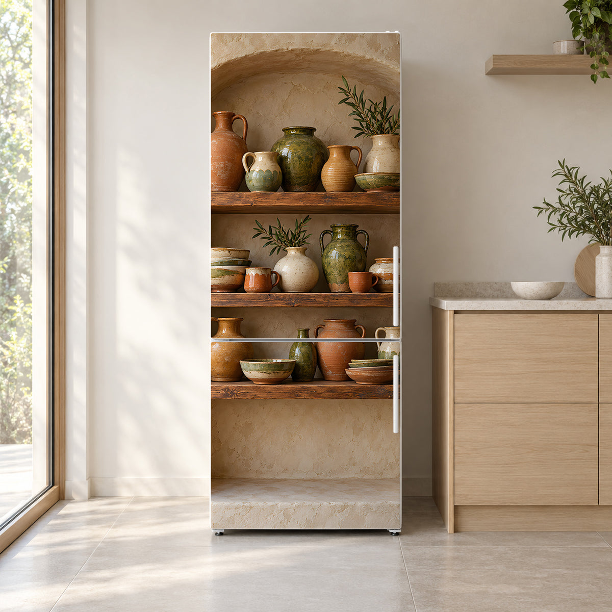 Handmade Pottery Shelves fridge wrap on a white refrigerator in a bright kitchen