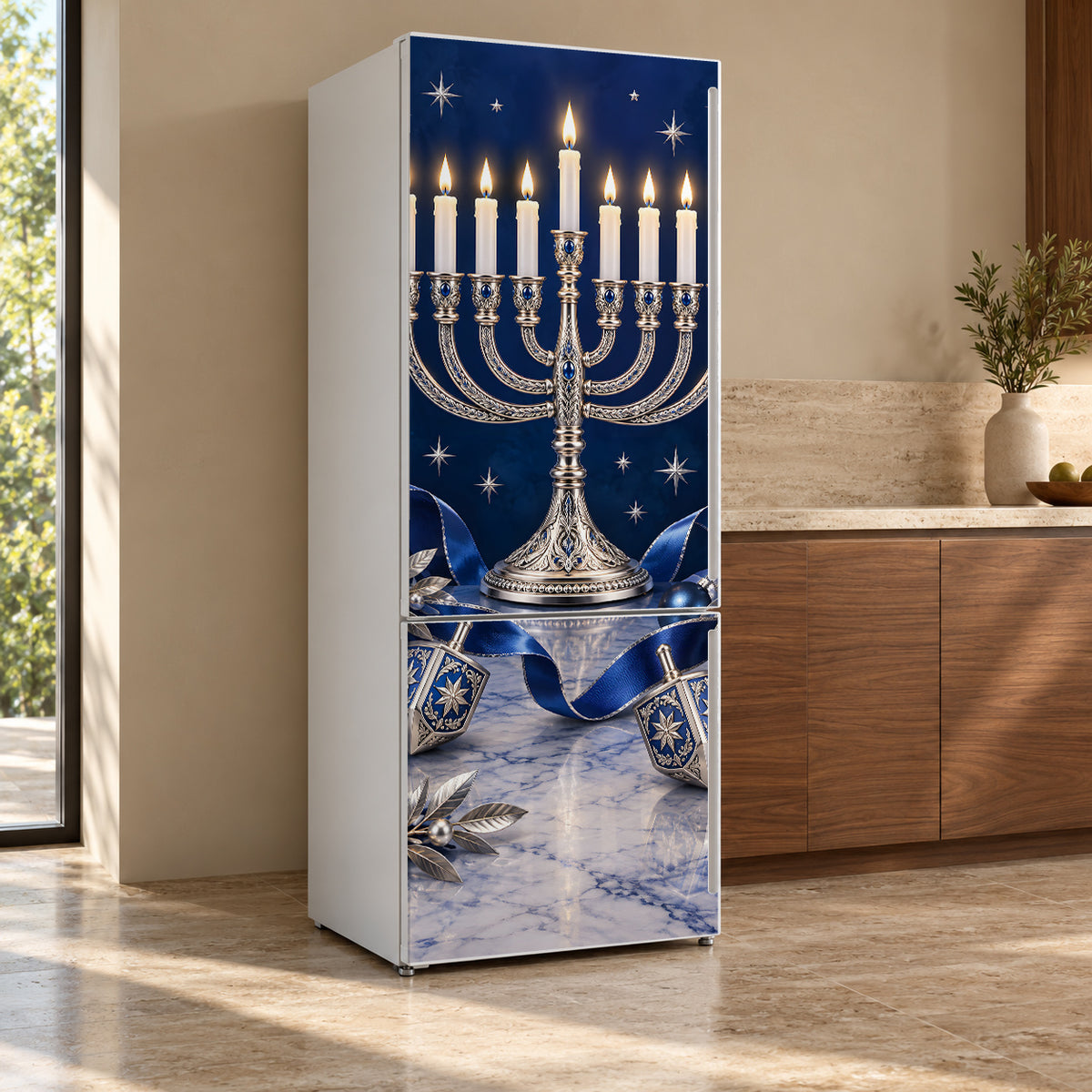 Hanukkah Blue & Silver fridge wrap, refrigerator shown at an angle
