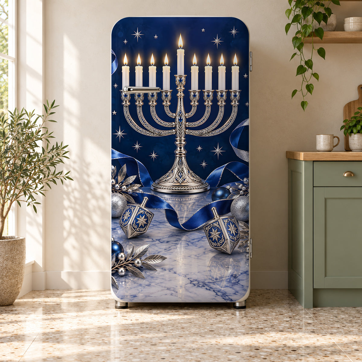 Hanukkah Blue & Silver fridge wrap on a retro refrigerator