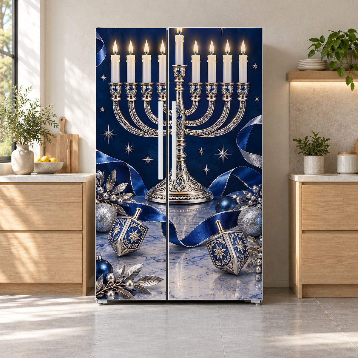 Hanukkah Blue & Silver fridge wrap on a side-by-side refrigerator