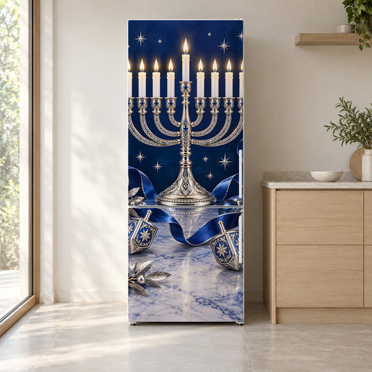 Hanukkah Blue & Silver fridge wrap on a white refrigerator in a bright kitchen