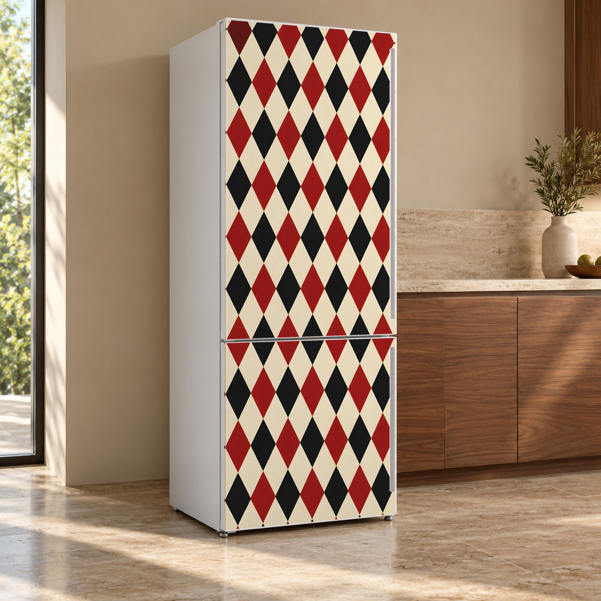 Harlequin Diamonds fridge wrap, refrigerator shown at an angle