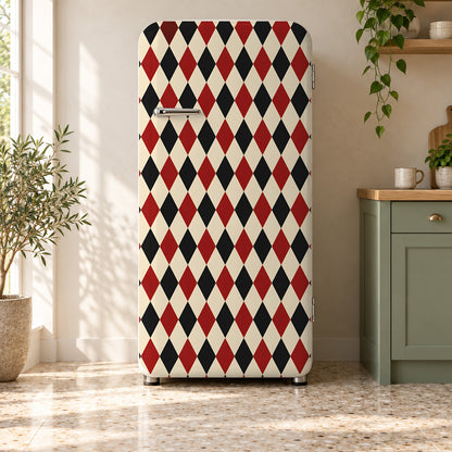 Harlequin Diamonds fridge wrap on a retro refrigerator