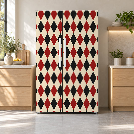 Harlequin Diamonds fridge wrap on a side-by-side refrigerator