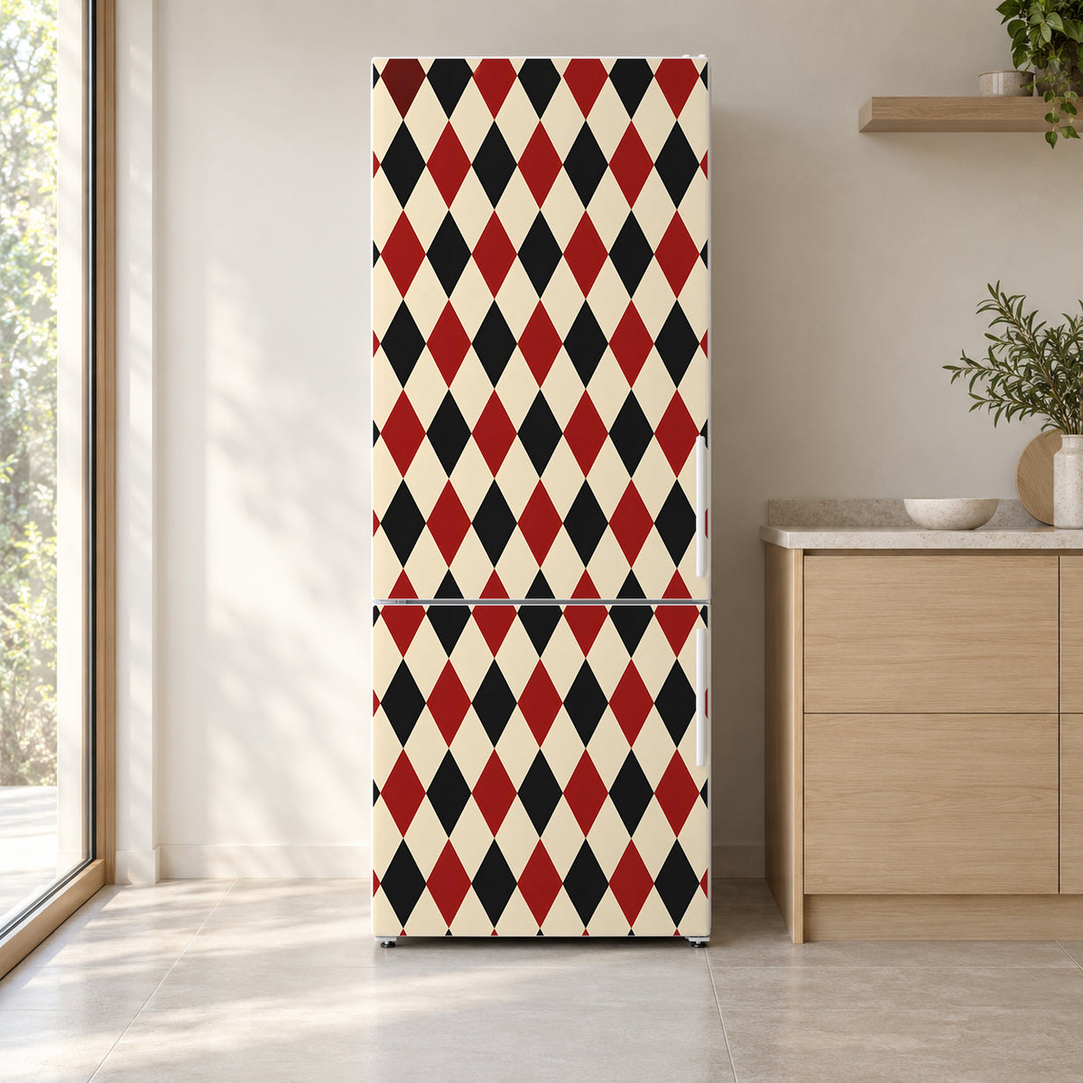 Harlequin Diamonds fridge wrap on a white refrigerator in a bright kitchen
