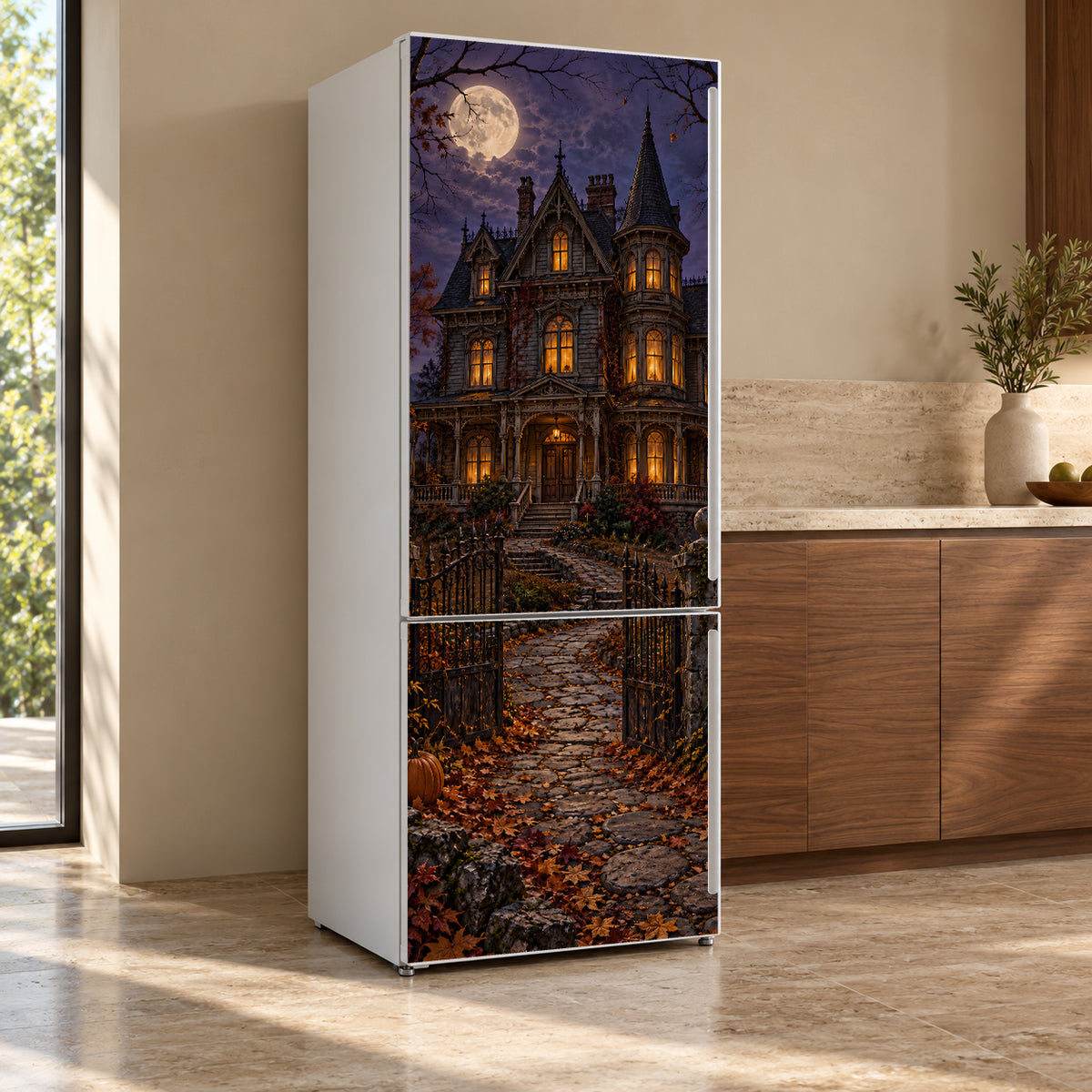 Haunted Victorian House fridge wrap, refrigerator shown at an angle