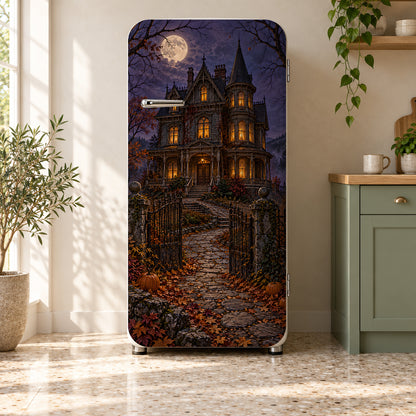 Haunted Victorian House fridge wrap on a retro refrigerator