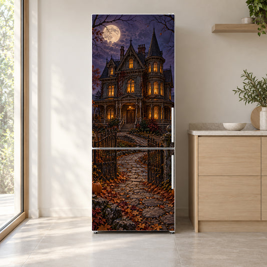 Haunted Victorian House fridge wrap on a white refrigerator in a bright kitchen